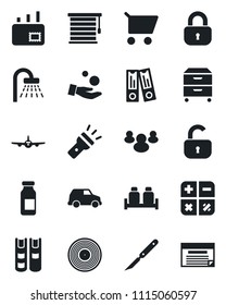 Set of vector isolated black icon - shower vector, plane, calculator, office binder, ampoule, scalpel, vinyl, group, torch, archive box, book, mail, lock, salt and pepper, jalousie, investment, cart