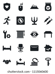 Set of vector isolated black icon - handshake vector, office chair, mouse, hose, fertilizer, run, heart shield, hospital bed, compass, eye id, root setup, mail, mountains, bedroom, table, candle