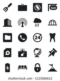 Set of vector isolated black icon - 24 around vector, phone, waiting area, bomb in case, globe, storm cloud, lock, office building, garden fork, greenhouse, tooth, antenna, folder, compass, charge