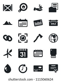 Set of vector isolated black icon - credit card vector, water drop, axe, container, barcode, chain, calendar, document folder, mountains, sale, estate search, eye scan, windmill, usb flash, clock