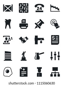 Set of vector isolated black icon - handshake vector, pedestal, drawing pin, printer, drip irrigation, diagnosis, caries, 24 hours, receipt, container, settings, touch screen, hr, city house, cook