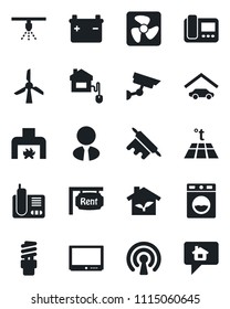 Set of vector isolated black icon - tv vector, radio phone, garage, rent, estate agent, fireplace, rolling pin, home control, eco house, fan, wireless, intercome, washer, warm floor, windmill