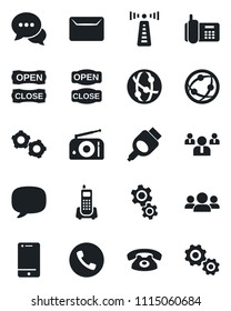 Set of vector isolated black icon - antenna vector, phone, gear, team, office, radio, network, cell, dialog, hdmi, message, mail, open close, group