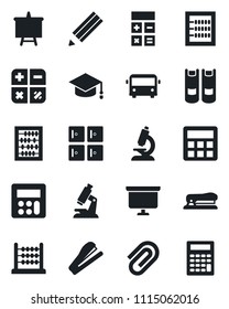 Set of vector isolated black icon - airport bus vector, checkroom, book, calculator, graduate, abacus, presentation board, microscope, paper clip, pencil, stapler