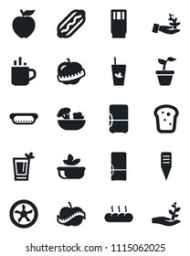 Set of vector isolated black icon - hot cup vector, seedling, plant label, diet, fridge, drink, phyto bar, salad, bread, dog, apple fruit, fan, palm sprout