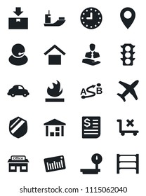 Set of vector isolated black icon - pin vector, store, plane, traffic light, support, client, sea shipping, car delivery, clock, receipt, warehouse storage, no trolley, package, shield, flammable