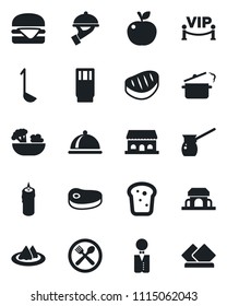 Set of vector isolated black icon - waiter vector, dish, serviette, cafe, drink, salad, bread, building, candle, vip zone, steak, hamburger, ladle, steaming pan, Turkish coffee, apple fruit