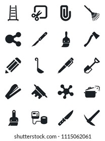 Set of vector isolated black icon - pencil vector, shovel, rake, ladder, axe, blood pressure, scalpel, share, themes, cut, paper clip, pen, stapler, ladle, rolling pin, knife, steaming pan
