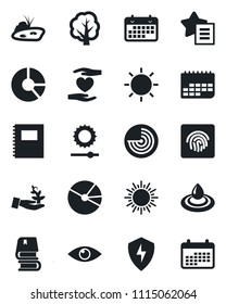 Set of vector isolated black icon - sun vector, radar, circle chart, tree, heart hand, eye, term, favorites list, protect, brightness, fingerprint id, copybook, pie graph, book, pond, water