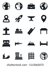 Set of vector isolated black icon - suitcase vector, baggage conveyor, boarding, seat map, airport building, case, signpost, navigation, earth, pin, sea shipping, mountains, bedroom, table, rocket