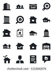 Set of vector isolated black icon - office building vector, house, contract, with garage, tree, estate document, sold signboard, search, agent, city, eco, home message