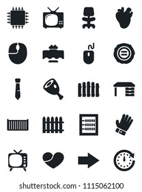 Set of vector isolated black icon - right arrow vector, office chair, mouse, desk, stamp, fence, glove, real heart, cargo container, tv, abacus, tie, restaurant table, ham, chip, clock