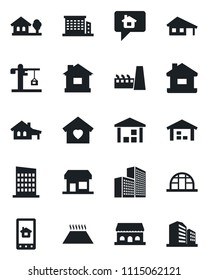 Set of vector isolated black icon - house vector, greenhouse, warehouse, office building, with garage, tree, sweet home, city, crane, factory, cafe, control app, warm floor, message, storefront