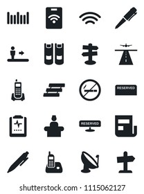 Set of vector isolated black icon - runway vector, escalator, no smoking, reception, book, pen, pulse clipboard, signpost, office phone, barcode, satellite antenna, radio, wireless, news, paper tray