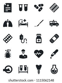 Set of vector isolated black icon - heart pulse vector, diagnosis, blood test vial, dropper, pills, bottle, blister, scalpel, patch, tomography, ambulance car, hospital bed, lungs, implant, doctor