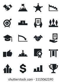 Set of vector isolated black icon - handshake vector, dollar sign, pedestal, graduate, document, finger up, certificate, bar graph, police, target, arrow, motivation, pennon, crisis, award cup