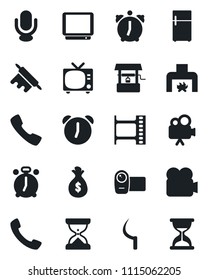 Set of vector isolated black icon - alarm clock vector, tv, well, sickle, film frame, video camera, microphone, call, fireplace, rolling pin, fridge, money bag, sand