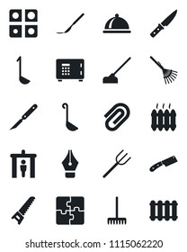 Set of vector isolated black icon - security gate vector, safe, farm fork, rake, saw, hoe, scalpel, application, paper clip, ink pen, heater, dish, ladle, knife, radiator