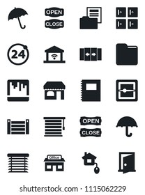 Set of vector isolated black icon - 24 around vector, automatic door, umbrella, shop, checkroom, store, container, scanner, folder, copybook, document, open close, home control, jalousie