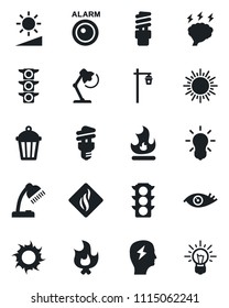 Set of vector isolated black icon - sun vector, brainstorm, fire, garden light, eye, traffic, brightness, desk lamp, smoke detector, bulb, energy saving, alarm led, idea