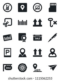 Set of vector isolated black icon - parking vector, no mobile, laptop, stamp, navigation, pin, up side sign, hook, barcode, sd, cut, place tag, certificate, pen, sale, paper plane