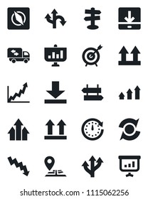 Set of vector isolated black icon - signpost vector, crisis graph, route, navigation, up side sign, download, compass, update, moving, target, arrow, clock, growth, presentation