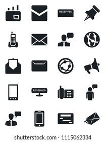 Set of vector isolated black icon - mobile phone vector, speaking man, mail, office, loudspeaker, network, speaker, paper pin, reserved, schedule