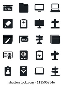 Set of vector isolated black icon - passport vector, pulse clipboard, signpost, monitor, folder, notes, presentation board, blank box, notebook pc, sale, pass card, certificate, guidepost