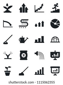 Set of vector isolated black icon - seedling vector, watering can, hoe, greenhouse, fertilizer, drip irrigation, bar graph, pie, career ladder, arrow up, growth, crisis, presentation
