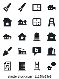 Set of vector isolated black icon - airport building vector, office, trowel, ladder, saw, house, with garage, tree, plan, estate document, sweet home, city, message