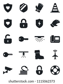 Set of vector isolated black icon - plane radar vector, border cone, glove, boot, hose, heart shield, protect, lock, key, intercome, surveillance, sprinkler, crisis management