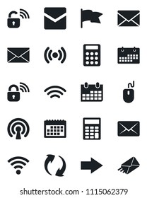 Set of vector isolated black icon - right arrow vector, mail, mouse, calendar, update, wireless, calculator, lock, flag
