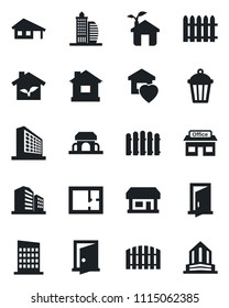 Set of vector isolated black icon - office building vector, fence, house, garden light, store, with garage, plan, sweet home, city, cafe, eco, door