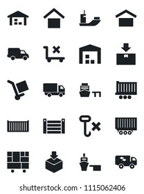 Set of vector isolated black icon - sea shipping vector, truck trailer, cargo container, car delivery, port, consolidated, warehouse storage, no trolley, hook, package, moving