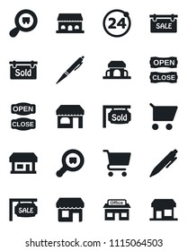 Set of vector isolated black icon - 24 around vector, shop, pen, store, search cargo, sale, sold signboard, cafe building, open close, cart, storefront