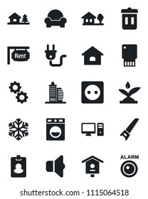 Set of vector isolated black icon - saw vector, bird house, with tree, rent, office building, cushioned furniture, socket, power plug, irrigation, snowflake, pc, gear, washer, sound, trash bin