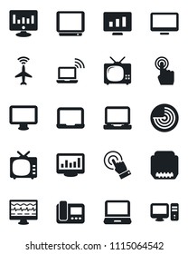 Set of vector isolated black icon - plane radar vector, wireless notebook, pc, statistic monitor, pulse, tv, touch screen, laptop, hdmi, statistics, intercome