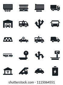 Set of vector isolated black icon - taxi vector, airport bus, alarm car, ladder, ambulance, route, railroad, truck trailer, delivery, heavy scales, garage, gate control, battery