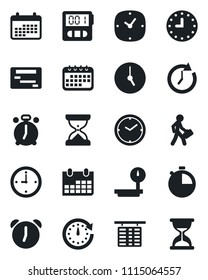 Set of vector isolated black icon - alarm clock vector, flight table, calendar, heavy scales, stopwatch, manager, schedule, sand