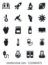 Set of vector isolated black icon - book vector, blood test vial, dropper, microscope, ampoule, real heart, joint, virus, satellite, sd, thermometer, rocket, flask