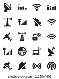 Set of vector isolated black icon - antenna vector, wireless notebook, radar, satellite, equalizer, mute, cellular signal, lock