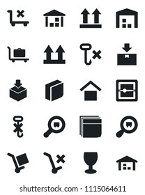 Set of vector isolated black icon - baggage trolley vector, fragile, cargo, warehouse storage, up side sign, no, hook, package, search, scanner, blank box