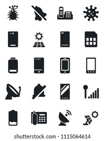 Set of vector isolated black icon - satellite antenna vector, mobile phone, virus, cell, low battery, back, sim, mute, cellular signal, office, sun panel