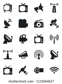 Set of vector isolated black icon - antenna vector, satellite, radio, loudspeaker, tv, video camera, wireless
