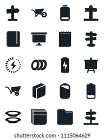 Set of vector isolated black icon - notepad vector, presentation board, wheelbarrow, signpost, low battery, folder, charge, blank box, plates, guidepost