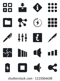 Set of vector isolated black icon - package vector, sorting, settings, stop button, menu, folder, charge, application, pen, sound, information, social media