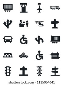 Set of vector isolated black icon - airport tower vector, plane radar, taxi, bus, passport control, signpost, alarm car, helicopter, disabled, route, traffic light, truck trailer, guidepost