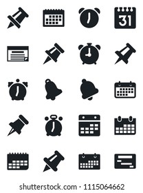 Set of vector isolated black icon - alarm clock vector, drawing pin, calendar, term, paper, bell, schedule
