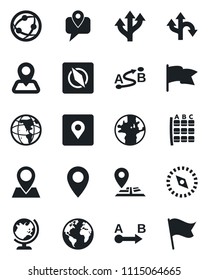 Set of vector isolated black icon - globe vector, seat map, route, navigation, earth, pin, mobile tracking, network, place tag, compass, flag