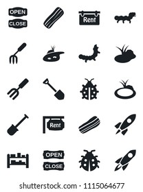Set of vector isolated black icon - job vector, garden fork, shovel, lady bug, caterpillar, pond, rack, rent, bacon, open close, rocket